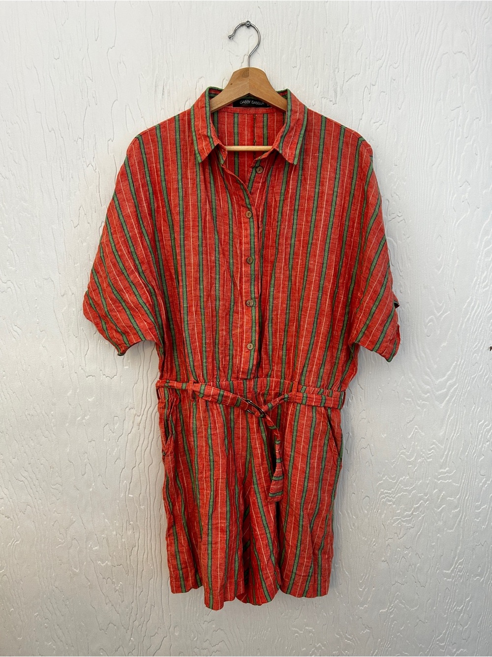 GABBY ISABELLA Striped Linen Blend Romper Orange Green Medium Boho Casual Beach
